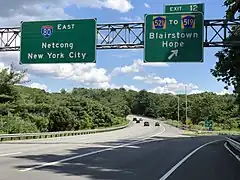 Signage indicating exit for Hope Township from Interstate 80 eastbound