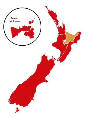 Map of New Zealand with divisions for the Māori electorates, displayed in different colours for political parties.