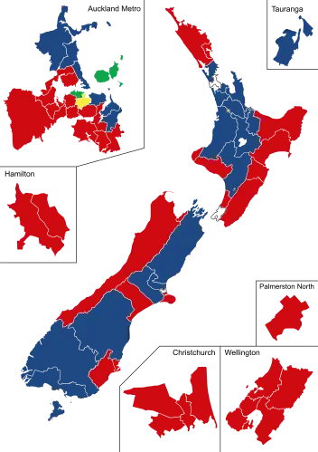 Map of New Zealand with divisions for the general electorates, displayed in different colours for political parties.