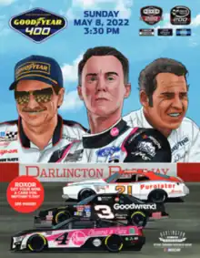 The 2022 Goodyear 400 program cover, featuring Dale Earnhardt, Kevin Harvick, and David Pearson.