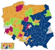 2023 Polish parliamentary election - Senate results, PiS (blue), KO (orange)