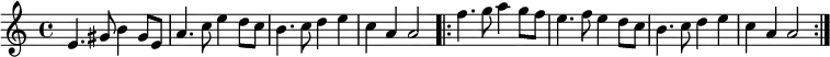 
 \relative a' {
 \time 4/4 
    e4. gis8 b4 gis8 e8    a4. c8 e4 d8 c8    b4. c8 d4 e4    c4 a4 a2
    \repeat volta 2 { 
    f'4. g8 a4 g8 f8    e4. f8 e4 d8 c8   b4. c8 d4 e4    c4 a4 a2 }
} 
