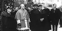 Image 10Enthronement as Co-Prince in 1942 of Bishop Ramón Iglesias (centre). The local comite was led by Francesc Cairat (left), the First General Syndic with the longest regencie, from 1936 to 1960. (from Andorra)