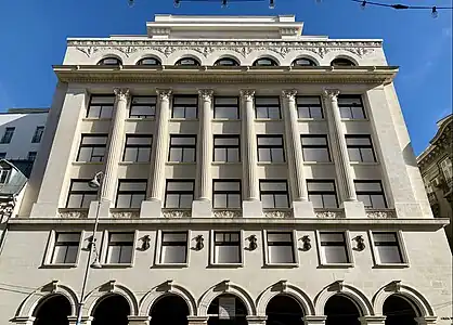 Art Deco and Neoclassical Composite columns on the Foreign Trade Bank Building (Calea Victoriei no. 22), by Radu Dudescu, 1937-1938