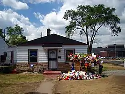 The Jackson family residence at 2300 Jackson Street in Midtown.  This photo was taken in July 2009, showing floral tributes after Michael Jackson's death.