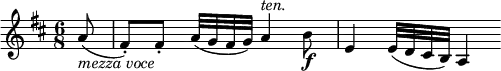 
\relative a' {
  \key d \major \time 6/8
  \partial 8 a8( _\markup { \italic "mezza voce" }
  fis-.)[ fis-.] a32( g fis g) a4 ^\markup { \italic "ten." } b8 \f
  e,4 e32( d cis b) a4
} 