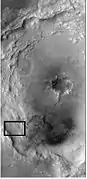 Context for next image of Bamberg crater.  Box shows where the next image came from. This is a CTX image from Mars Reconnaissance Orbiter.