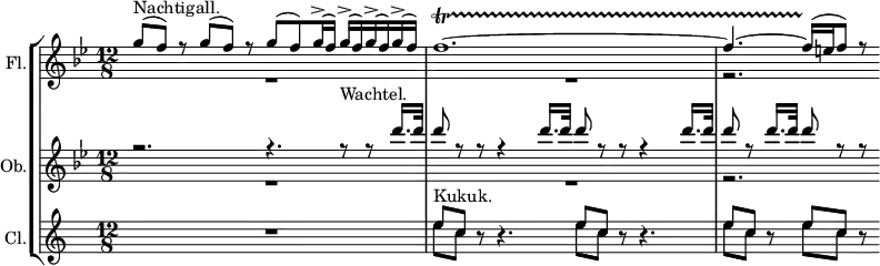 
{#(set-global-staff-size 14)
\set Score.proportionalNotationDuration = #(ly:make-moment 1/13)
  \new StaffGroup <<
    \new Staff = "flute" \with {
      instrumentName = #"Fl."
    } {
      <<
        \new Voice = "up" \relative c'''{
          \set Staff.midiInstrument = #"flute"
          \stemUp \voiceOne
          \clef treble 
          \once \hide TimeSignature
          \key bes \major
          \time 12/8
          \stemUp
          g8^(^"Nachtigall." f) r g^( f) r g^( f) g16^(^> f) g^(^> f) g^(^> f) g^(^> f) f1.~\startTrillSpan f4.~ f16^( \stopTrillSpan  e f8) r
        }
        \new Voice = "down" \relative c''{
          \stemDown \voiceTwo
          R1. R r2.
        }
      >>
    }
    \new Staff = "oboe" \with {
      instrumentName = #"Ob."
    } {
      <<
        \new Voice = "up" \relative c''' {
          \set Staff.midiInstrument = #"oboe"
          \stemUp \voiceOne
          \key bes \major
          r2. r4. r8^"Wachtel." r8 d16. d32 d8 r r r4 d16. d32 d8 r r r4 d16. d32 d8 r d16. d32 d8 r r
        }
        \new Voice = "down" \relative c''{
            \stemDown \voiceTwo
            R1. R r2.
        }
      >>
    }
    \new Staff = "clarinet" \with {
      instrumentName = #"Cl."
    } {
      <<
       \new Voice = "up" \relative c''{
          \set Staff.midiInstrument = #"clarinet"
          \transposition bes
          \stemUp
          \key c \major
          R1. e8^"Kukuk." c r r4. e8 c r r4. e8 c r e c r
        }
          \new Voice = "down" \relative c''{
          \stemDown
          s1. e8 c s s4. e8 c s s4. e8 c s e c s
        }
      >>
    }
  >>
}
