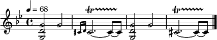 
\relative c' {
  \time 4/4
  \tempo 4=68
  \clef treble
  \key bes \major
  <g d' g>2 g'2 |
  \grace {cis,16 d} cis2.~\startTrillSpan cis8~ cis\stopTrillSpan |
  <g d' g>2 g'2 |
  cis,2.~\startTrillSpan cis8~ cis\stopTrillSpan \bar "|."
}
