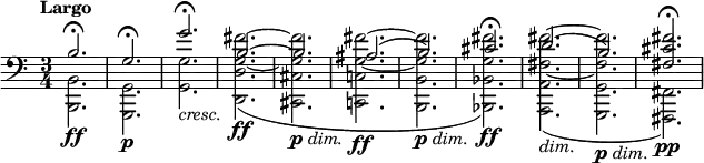 
{\new PianoStaff <<
\new Staff 
    \relative c' <<
    { 
        \clef bass 
        \key c\major
        \set Score.tempoHideNote = ##t 
        \tempo "Largo" 4=72
        \time 3/4
        b2.\fermata
        g\fermata
        g'\fermata
        b,~
        b
        ais(
        b)
        cis\fermata
        d(
        b)
        <fis cis' fis>\fermata
    }
    \\
    \relative c, {
        <b b'>2.\ff
        <g g'>\p
        <g' g'>_\markup { \italic "cresc." }
        <d d' g~ fis'^~>(\ff
        <cis cis' g' fis'>_\markup { \dynamic "p" \italic "dim." }
        <c! c'! g'~ fis'^~>\ff
        <b b' g' fis'>_\markup { \dynamic "p" \italic "dim." }
        <bes bes' g' fis'>)\ff
        <a a' fis'~ fis'^~>(_\markup { \italic "dim." }
        <g g' fis' fis'>_\markup { \dynamic "p" \italic "dim." }
        <fis fis'>)\pp
    }
    >>
>>}
