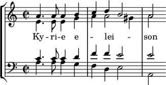 
<<
\new StaffGroup <<
\new Staff \with { \magnifyStaff #1.0 \consists "Merge_rests_engraver" } { \clef treble \time 2/2 \key a \minor
  \set Staff.midiInstrument = "trombone"
  \set Staff.midiMinimumVolume = #0.7
  \set Staff.midiMaximumVolume = #1.0
  \relative c'
  << { a'4. a8 a4 b c d b2 a } \\
  { e4. e8 e4 g a a2 gis4 a2 } >>
}
\addlyrics { Ky -- ri -- e e -- _ lei -- _ _ son }
\new Staff \with { \magnifyStaff #1.0 \consists "Merge_rests_engraver" } { \clef bass \key a \minor \set Staff.midiInstrument = "trombone" 
  \relative c'
  << { c4. c8 c4 d f f e2 e } \\
  { a,4. a8 a4 g f d e2 a, } >>
}
>>
>>
\layout { indent = #0 }
\midi { \tempo 4 = 120 }
