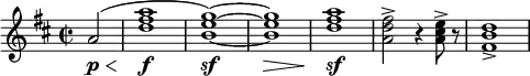  \relative c'' { \clef treble \key d \major \time 2/2 \partial 2*1 a2\p(\< | <a' fis d>1\!\f | <g e b>\sf)~ | <g e b>\> | <a fis d>\!\sf | <fis d a>2-> r4 <e cis a>8-> r | <d b fis>1-> } 