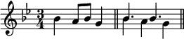 
    \new Staff <<
       \mergeDifferentlyHeadedOn
       \mergeDifferentlyDottedOn
       \new voice \relative c'' {
          \set Score.tempoHideNote = ##t \tempo 4 = 136
          \key g \minor
          \time 3/4

          bes4 a8 bes g4 \bar "||"
          \stemDown bes4 a g \bar "||"
       }
       \new voice \relative c'' {
          s2.
          \stemUp bes4. bes
       }
    >>
