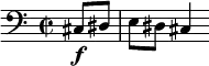 \relative c { \clef bass \time 2/2 \set Staff.midiInstrument = #"string ensemble 1" \partial 4*1 cis8\f dis | e dis cis4 } \midi{\tempo 4 = 150} 