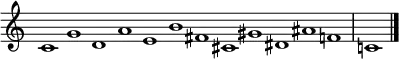   {
\override Score.TimeSignature #'stencil = ##f
\relative c' { \key c \major \set Score.tempoHideNote = ##t \tempo 1 = 60 \time 12/1
  c1 g' d a' e b' fis cis gis' dis ais' f | c! \bar "|."
} }
\layout { \context {\Score \omit BarNumber} line-width = #100 }
