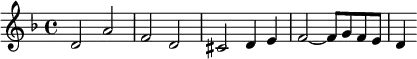 
 \relative c'' { \set Staff.midiInstrument = #"church organ"
                \clef treble
                \key d \minor
                \time 4/4
                d,2 a' |
                f d |
                cis d4 e |
                f2~ f8 g f e |
                d4
        }
