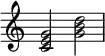  {
\override Score.TimeSignature #'stencil = ##f
\relative c' { 
  \clef treble \time 4/4
  <c e g>2 <g' b d>
} }
