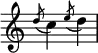  {
\override Score.TimeSignature #'stencil = ##f
    \relative c'' {
        \time 2/4
        \slashedGrace { d8( } c4)
        \slashedGrace { e8( } d4)
    }
}
