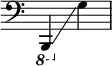 
{
    \override Score.SpacingSpanner.strict-note-spacing = ##t
    \set Score.proportionalNotationDuration = #(ly:make-moment 1/8)
    \override Score.TimeSignature #'stencil = ##f
    \relative c {
        \time 2/4
        \clef bass
        \ottava #-1 b,,4 \glissando \ottava #0 g'''
    }
}
