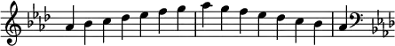   {
\override Score.TimeSignature #'stencil = ##f
\relative c'' {
  \clef treble \key aes \major \time 7/4 aes4 bes c des es f g aes g f es des c bes aes
  \clef bass \key aes \major
} }

