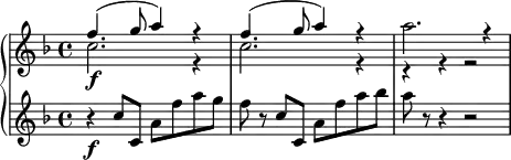 
{
  \new PianoStaff <<
    \new Staff \relative e'' {
      \set Staff.midiInstrument = #"flute" \key f \major \clef treble \time 4/4 \set Score.tempoHideNote = ##t \tempo 4 = 120
      <<
        {
          \voiceOne \stemDown c2. \f r4 | % 2
          c2. r4 | % 3
          a'2. r4
        }
        \new Voice {
          \voiceTwo \stemUp f4. ^( g8 a4 ) r4 | % 2
          f4. ^( g8 a4 ) r4 | % 3
          r4 r4 r2
        }
      >> \oneVoice
    }
    \new Staff \relative c'' {
      \set Staff.midiInstrument = #"string ensemble 1" \key f \major \clef treble \time 4/4
      r4 \f c8 c,8 a'8 f'8 a8 g8 | % 2
      f8 r8 c8 c,8 a'8 f'8 a8 bes8 | % 3
      a8 r8 r4 r2
    }
  >>
}
