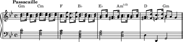  {
\new PianoStaff << 
 \new Staff = "chords" \with{ \magnifyStaff #3/4 } <<
  \new Voice \relative c' { 
   \set Staff.midiInstrument = #"harpsichord" \key g \minor \clef treble
   \mark \markup { \abs-fontsize #10 { \bold { Passacaille } } }
   <bes' d>8. <c ees>16 <a c>8. <bes d>16 <c ees>8. <c ees>16 <bes d>8. <c ees>16 |
   <a c>8. <a f'>16 <g ees'>8. <a f'>16 <bes d>8. <bes d>16 <a c>8. <bes d>16 |
   <g bes>8. <a c>16 <fis a>8. <g bes>16 <a c>8. <a c>16 <g bes>8. <a c>16 |
   <fis a>8. <fis d'>16 <e c'>8. <fis d'>16 bes8 a g4 \bar "||"
} 
  \new Voice \relative c' { 
   s1 s s s2 \stemDown g'2
} 
 \new Staff \with{ \magnifyStaff #3/4 } \relative c' { 
   \set Staff.midiInstrument = #"harpsichord" \key g \minor \clef bass
   <g bes d>2 <ees g c> <f a c> <bes, d f bes> <ees g bes> <c ees a> d4 d, g2
} 
 \addlyrics \with { alignAboveContext = "chords" } { \override LyricText.font-size = #-1.5 Gm Cm F B♭ E♭ \markup{\concat{Am\super{(♭5)}}} D _ Gm }
>> >> }
