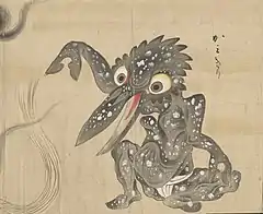 33 Kamikiri (かみきり) are yōkai that have insect-like characteristics with scissor-like hands and a long beak. They are known for using their scissor-like hands to cut an unsuspecting victim's hair off without warning or motive. Not much is actually known about kamikiri because there has not been a single documented eye-witness account, which might be partially due to the fact that some victims of kamikiri attacks do not realize their hair has been cut until much later. Kamikiri are often depicted in scrolls with a sumo wrestler-type mawashi girded about its loins as it cuts a lock of hair. Kamikiri tend to target young women more so than men, though they have been known to attack men as well. They are especially prone to attack at twilight and in urban areas in places such as dark alleys, bedrooms and, most commonly, bathrooms. Hair in the Edo period of Japan was a symbol of wealth and status, while cutting one's hair was symbolic of becoming a monk or nun, so to have one's hair cut against one's will would have been an extremely unfortunate and terrifying ordeal.