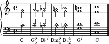 
    {
      \new PianoStaff <<
        \new Staff <<
            \new Voice \relative c'' {
                \set Score.tempoHideNote = ##t \tempo 2 = 80
                \stemUp \clef treble \key c \major \time 4/4
                \partial2 g2 g aes a! bes b!1 c
                }
            \new Voice \relative c' {
                \stemDown
                \partial2 e2 f f f f f1 e
                }
            >>
        \new Staff <<
            \new Voice \relative c' {
                \stemUp \clef bass \key c \major \time 4/4
                \partial2 c2 d d d d d1 e
                }
            \new Voice \relative c' {
                \stemDown
                \partial2 c2_\markup { \translate #'(-0.5 . 0) { \concat { "C" \hspace #3.5 "G" \combine \raise #1 \small 6 \lower #1 \small 5 \hspace #2 "B♭" \raise #1 \small { "7" } \hspace #1 "Dm" \combine \raise #1 \small 6 \lower #1 \small 4 \hspace #1 "B♭" \combine \raise #1 \small 4 \lower #1 \small 2 \hspace #3 "G" \raise #1 \small "7" \hspace #6 "C" } } }
                b bes a aes g1 c, \bar "||"
                }
            >>
    >> }
