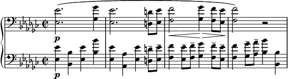 
\relative c {
  \new PianoStaff <<
    \new Staff {
      \set Staff.midiInstrument = #"piano" \key ees \minor \clef bass \time 2/2 \set Score.tempoHideNote = ##t \tempo 2 = 60
      <es es'>2. \p (<ges ges'>4 |
      <es es'>2. <d d'>8 <es es'>8 |
      <f f'>2 \< <ges ges'>4 \! \> <f f'>8 <es es'>8 |
      <f f'>2 \!) r2 |
    }
    \new Staff {
      \set Staff.midiInstrument = #"piano" \key ees \minor \clef bass \time 2/2
      <es es'>4 \p <bes bes'>4 <es es'>4 <bes' bes'>4 |
      <es, es'>4 <as, as'>4 <es' es'>4 <d d'>8 -- <es es'>8 -- |
      <f f'>4 <es es'>8 -- <f f'>8 -- <ges ges'>4 <f f'>8 -- <es es'>8 -- |
      <f f'>4 <ges ges'>8 -- <as as'>8 -- <bes bes'>4 <bes, bes'>4 |
    }
  >>
}
