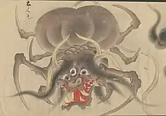 35 Tsuchigumo (土ぐも) means "ground spider." It is also commonly referred to as yatsukahagi or ōgumo (giant spider). Its habitat is rural areas, mountains, forests, and caves, but they are found to live everywhere. Tsuchigumo make homes out of silk tubes from which they attack their prey. The diet of tsuchigumo includes humans, animals, and anything that it can trap. Some tsuchigumo are depicted as spiders with the face of a demon and the body of a tiger. Historically, "tsuchigumo" was used as a derogatory word in Japanese for renegade local clans. In ancient Japan, aborigines who defied central authority were referred to as "tsuchigumo." They are commonly identified as people with different customs, manners, and physiological features from the general population. Therefore, using this definition, they are one of the most ancient types of oni (demon).