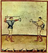 Sword and buckler (small shield) combat, plate from the Tacuinum Sanitatis illustrated in Lombardy, ca. 1390.