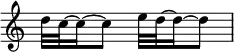  {
\override Score.TimeSignature #'stencil = ##f
    \relative c'' {
        \time 2/4
        d32 c32~ c16~ c8  e32 d32~ d16~ d8
    }
}
