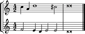 
    { << \new StaffGroup <<
        \new Staff <<
            \set Staff.midiInstrument = #"voice oohs"
            \clef treble \time 4/2
            \relative c'' {
                \clef treble \time 4/2
                c4 a d1 cis2 d\breve
                }
            >>
        \new Staff <<
            \set Staff.midiInstrument = #"voice oohs"
            \clef treble \time 4/2
            \new Voice \relative c' {
                f2 e4 d e2 e d\breve \bar "|."
                }
            >>
    >>
>> }
