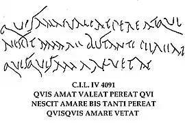 Inscription in Pompeii lamenting a frustrated love: "Whoever loves, let him flourish, let him perish who knows not love, let him perish twice over whoever forbids love"