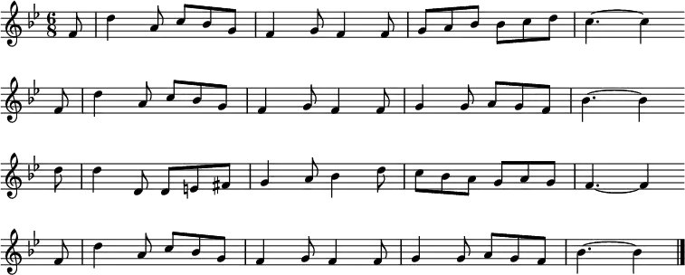 
\new Staff <<
\clef treble \key bes \major {
      \time 6/8 \partial 8     
      \relative f' {
	f8 | d'4 a8 c bes g | f4 g8 f4 f8 | g a bes bes c d | c4.~ c4 \bar"" \break
        f,8 | d'4 a8 c bes g | f4 g8 f4 f8 | g4 g8 a g f | bes4.~ bes4 \bar"" \break
        d8 | d4 d,8 d e fis | g4 a8 bes4 d8 | c bes a g a g | f4.~ f4 \bar"" \break
        f8 | d'4 a8 c bes g | f4 g8 f4 f8 | g4 g8 a g f | bes4.~ bes4 \bar"|." %repeat of the second line - if these two aren't the same, then it means somebody has vandalized ... 
      }
    }
%\new Lyrics \lyricmode {
%}
>>
\layout { indent = #0 }
\midi { \tempo 4. = 54 }
