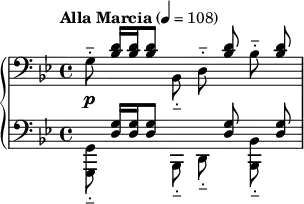 
{
  \new PianoStaff
  <<
    \new Staff
    {
      \autoBeamOff
      \clef bass
      \key g\minor
      \time 4/4
      \tempo "Alla Marcia" 4=108
      \stemDown g8^_ \stemUp <d' bes>16 [ <d' bes> <d' bes>8 ] \stemDown bes,__ d^_ \stemUp <d' bes> \stemDown bes^_ \stemUp <d' bes> |
    }
    \new Dynamics {s8\p s s4 s2}
    \new Staff
    {
      \autoBeamOff
      \clef bass
      \key g\minor
      \time 4/4
      \stemDown <g, g,,>8__ \stemUp <g d>16 [ <g d> <g d>8 ] \stemDown bes,,8__ d,__ \stemUp <g d> \stemDown <bes, bes,,>__ \stemUp <g d> |
    }
  >>
}
