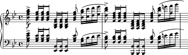 
{
\new PianoStaff
<<
  \new Staff
  {
    \clef treble
    \time 4/4
    \key g\minor
    <<
      {
        s8 <g'' ees'' bes' g'>16^. [ <g'' ees'' bes' g'>^. <g'' ees'' bes' g'>8^. ] <g' ees' bes g>16^. [ <g' ees' bes g>^. <g' ees' bes g>8^. ] <g'' ees'' bes' g'>8^. s4 |
        s8 <f'' d'' bes' f'>16^. [ <f'' d'' bes' f'>^. <f'' d'' bes' f'>8^. ] <f' d' bes f>16^. [ <f' d' bes f>^. <f' d' bes f>8 ] <f'' d'' bes' f'>8^. s4 |
      }
      \\
      {
        \slurUp
        <bes'' g'' ees'' bes'>8^> s s s s s <bes'' g'' bes'>16 [ ( <c''' c''> <d''' d''> <ees''' ees''> ] |
        <d''' bes'' d''>8^> ) s s s s s <d''' bes'' d''>16 [ ( e''' <f''' f''> g''' ] | \hideNotes a''' )
      }
    >>
  }
  \new Dynamics {s8\f}
  \new Staff
  {
    \clef bass
    \key g\minor
    <<
      {
        s8 <ees' bes g>16^. [ <ees' bes g>^. <ees' bes g>8^. ] <bes, ees,>16^. [ <bes, ees,>^. <bes, ees,>8^. ] <ees' bes g>8^. s4 |
        s8 <d' bes f>16^. [ <d' bes f>^. <d' bes f>8^. ] <bes, bes,,>16^. [ <bes, bes,,>^. <bes, bes,,>8^. ] <d' bes f>8^. s4 |
      }
      \\
      {
        \slurUp
        <g' ees' bes g>8^> s s s s s <bes g>16 ( [ c' d' ees' ] | 
        <d' bes f>8^> ) s s s s s <d' bes f>16 [ ( e' f' g' ] | \hideNotes a' )
      }
    >>
  }
>>
}
