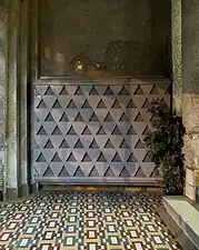 Radiator mask and polychrome mosaic floor in Strada C.A. Rosetti no. 55, Bucharest, unknown architect, c.1940