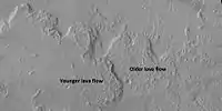 Lava flows with older and younger flows labeled, as seen by HiRISE under HiWish program