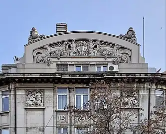 Allegorical representations - Pediment of the Mihai Zisman House (Calea Călărașilor no. 44) in Bucharest, Romania, by architect Soru, 1920