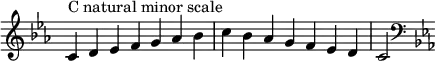  {
\override Score.TimeSignature #'stencil = ##f
\relative c' {
  \clef treble \key c \minor \time 7/4
  c4^\markup "C natural minor scale" d es f g aes bes c bes aes g f es d c2
  \clef bass \key c \minor
} }

