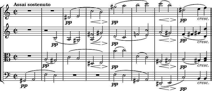 
{ 
<< \new StaffGroup <<
        \new Staff <<
            \tempo "Assai sostenuto"
            \relative c' {
                \clef treble \key a \minor \time 2/2
                R1
                R
                dis2(\pp e
                c'\< b\>)
                gis'(\pp a
                b c)
                c\<( b\>)
                dis,(\pp e4_\markup { \italic cresc. } f) \bar "||"
                }
            >>
        \new Staff <<
            \clef treble \key a \minor \time 2/2
            \new Voice \relative c' {
                R1
                r2 b(\pp
                a gis)
                <a fis'>\<( gis'\>)
                d(\pp c
                f! <e c'>)
                a\<( gis\>)
                f4(\pp fis gis_\markup { \italic cresc. } <d d'>)
                }
            >>
        \new Staff <<
            \clef alto \key a \minor \time 2/2
            \new Voice \relative c' {
                R1
                a2(\pp gis)
                c( b
                dis,\< e)\>
                b''(\pp c)
                d,( c)
                fis,(\< gis)\>
                a(\pp gis4)_\markup { \italic cresc. } <gis b>
                }
            >>
        \new Staff <<
            \clef bass \key a \minor \time 2/2
            \new Voice \relative c {
                gis2\pp( a
                f' e)
                R1
                R1
                f2(\pp e
                gis, a)
                dis,\<( e\>
                c')\pp b4_\markup { \italic cresc. } b
                }
         >>
    >>
>> }
