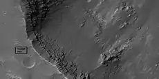 Close view of layers from a previous image, as seen by HiRISE.  Box shows the size of football field.