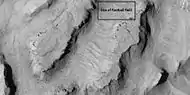 Close view showing blocks being formed, as seen by HiRISE under HiWish program Note: this is an enlargement of the previous image.  Box represents the size of a football field.