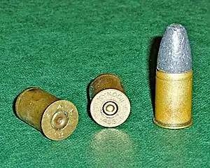 A Kynoch-produced (centre) Webley .455 cartridge