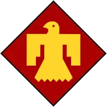 A yellow Thunderbird graphic on a red diamond