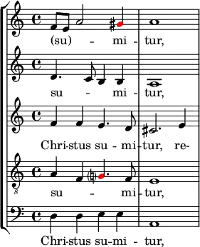 
    { 
      %\override Score.SpacingSpanner.strict-note-spacing = ##t
      %\set Score.proportionalNotationDuration = #(ly:make-moment 1/16)
    << \new StaffGroup <<
        \new Staff <<
            \set Score.tempoHideNote = ##t \tempo 4 = 72
            \set Staff.midiInstrument = #"voice oohs"
            \clef treble \time 4/4
            \relative c' {
                \clef treble \time 4/4
                f8 e a2 \once \override NoteHead.color = #red gis4 a1
                }
            \addlyrics { (su) -- _ _ mi -- tur, }
            >>
        \new Staff <<
            \set Staff.midiInstrument = #"voice oohs"
            \clef treble \time 4/4
            \new Voice \relative c' {
                d4. c8 b4 b a1
                }
            \addlyrics { su -- _ _ mi -- tur, }
            >>
        \new Staff <<
            \set Staff.midiInstrument = #"voice oohs"
            \clef treble \time 4/4
            \new Voice \relative c' {
                f4 f e4. d8 cis2. e4
                }
            \addlyrics { Chri -- stus su -- mi -- tur, re- }
            >>
        \new Staff <<
            \set Staff.midiInstrument = #"voice oohs"
            \clef "treble_8" \time 4/4
            \new Voice \relative c' {
                a4 f \once \override NoteHead.color = #red g?4. f8 e1
                }
            \addlyrics { su -- _ _ mi -- tur, }
            >>
        \new Staff <<
            \clef bass \time 4/4
            \new Voice \relative c {
                d4 d e e a,1
                }
            \addlyrics { Chri -- stus su -- mi -- tur, }
            >>
    >>
>> }
