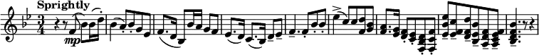 
\new Staff {
  \key bes \major
  \time 3/4
  \clef treble
  \set Staff.midiInstrument = #"clarinet"
  \tempo Sprightly 4 = 92
  \set Score.tempoHideNote = ##t
  |
  r4
  r8 f'8(\mp
  bes'8) bes'16( d''16-.)
  |
  bes'4(
  a'8-.) bes'-.
  g'8 ees'
  |
  f'8.( d'16
  bes8) bes'16 a'
  g'8 f'
  |
  ees'8.( d'16)
  c'8.( bes16)
  d'8-- ees'--
  |
  f'4.--
  f'8-.
  bes'8-. bes'-.
  |
  ees''4->(
  c''8) c''
  <<d''8 f'>> <<g'8 bes'>>
  |
  <<f'8. a'>> <<ees'16 g'>>
  <<d'8-. f'>> <<c'-. ees'>>
  <<f8-. bes d'>> <<f-. c' f'>>
  |
  <<ees'8-- bes' ees''>> <<ees'-- f' c''>>
  <<d'-- f' d''>> <<bes-- ees' bes'>>
  <<a-- d' f'>> <<a-- c' ees' f'>>
  |
  <<bes4.-- d' f' bes'>>
  r8
  r4
}
