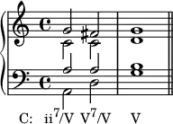 
    {
      \new PianoStaff <<
        \new Staff <<
            \new Voice \relative c'' {
                \stemUp \clef treble \key c \major \time 4/4
                g2 fis g1
                }
            \new Voice \relative c' {
                \stemDown
                c2 c d1
                }
            >>
        \new Staff <<
            \new Voice \relative c' {
                \stemUp \clef bass \key c \major \time 4/4
                a2 a b1
                }
            \new Voice \relative c {
                \stemDown
                a2_\markup { \translate #'(-7 . 0) { \concat { "C:   ii" \raise #1 \small "7" "/V" \hspace #1 "V" \raise #1 \small "7" "/V" \hspace #3.2 "V" } } }
               d g1 \bar "||"
                }
            >>
    >> }
