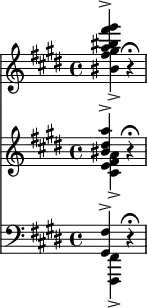 
\relative c'''' <<
  \new PianoStaff \with {
    midiInstrument = "flute"
  } {
    \key e \major \clef treble {
      \set Score.tempoHideNote = ##t
      \tempo 4 = 40
      << \partial 2 { <gis fis bis, a>4-> } \\ { <gis, fis bis,>4-> } >> r4\fermata
    }
  }
  \new Staff \with {
    midiInstrument = "trumpet"
  } {
    \key cis \minor \clef treble {
      << { <a dis, bis>4-> } \\ { <a, fis e cis>4-> } >> r4\fermata
    }
  }
  \new Staff \with {
    midiInstrument = "trombone"
  } {
    \key cis \minor \clef bass {
      << { <gis,, fis'>4-> } \\ { <fis fis,>4-> } >> r4\fermata
    }
  }
>>
